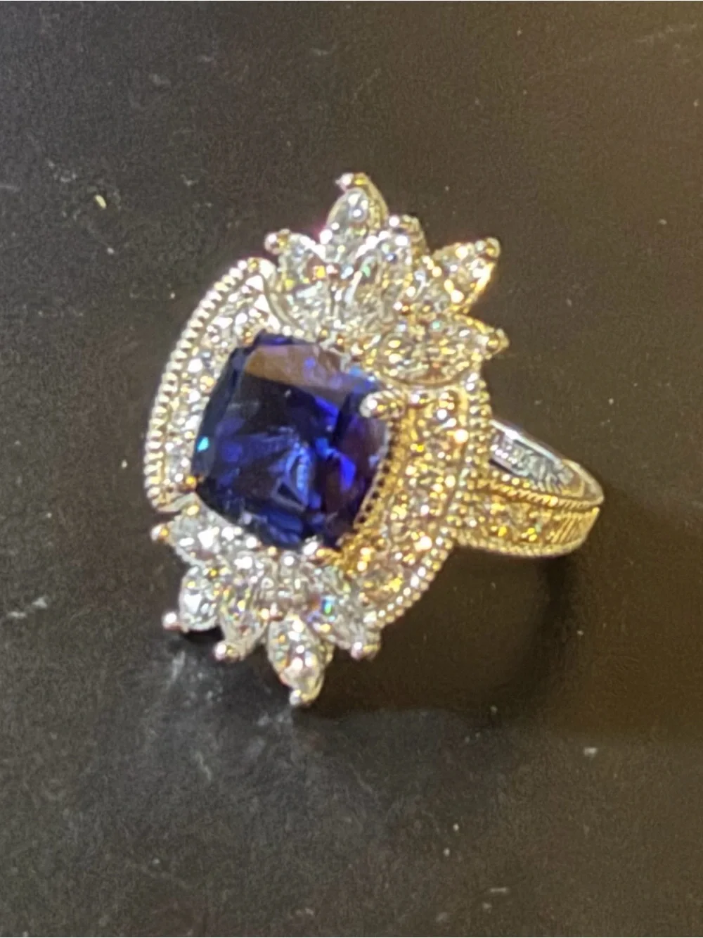 Judith Ripka Lab Blue Sapphire & CZ Rhodium Over Sterling Silver Ring, Size 6